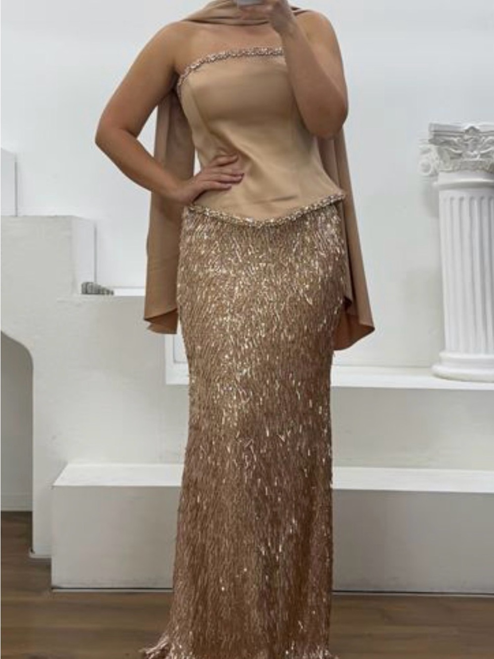 Elegant Rose Gold Sequin Maxi Skirt - Strapless Evening Set - Picture 2 of 6